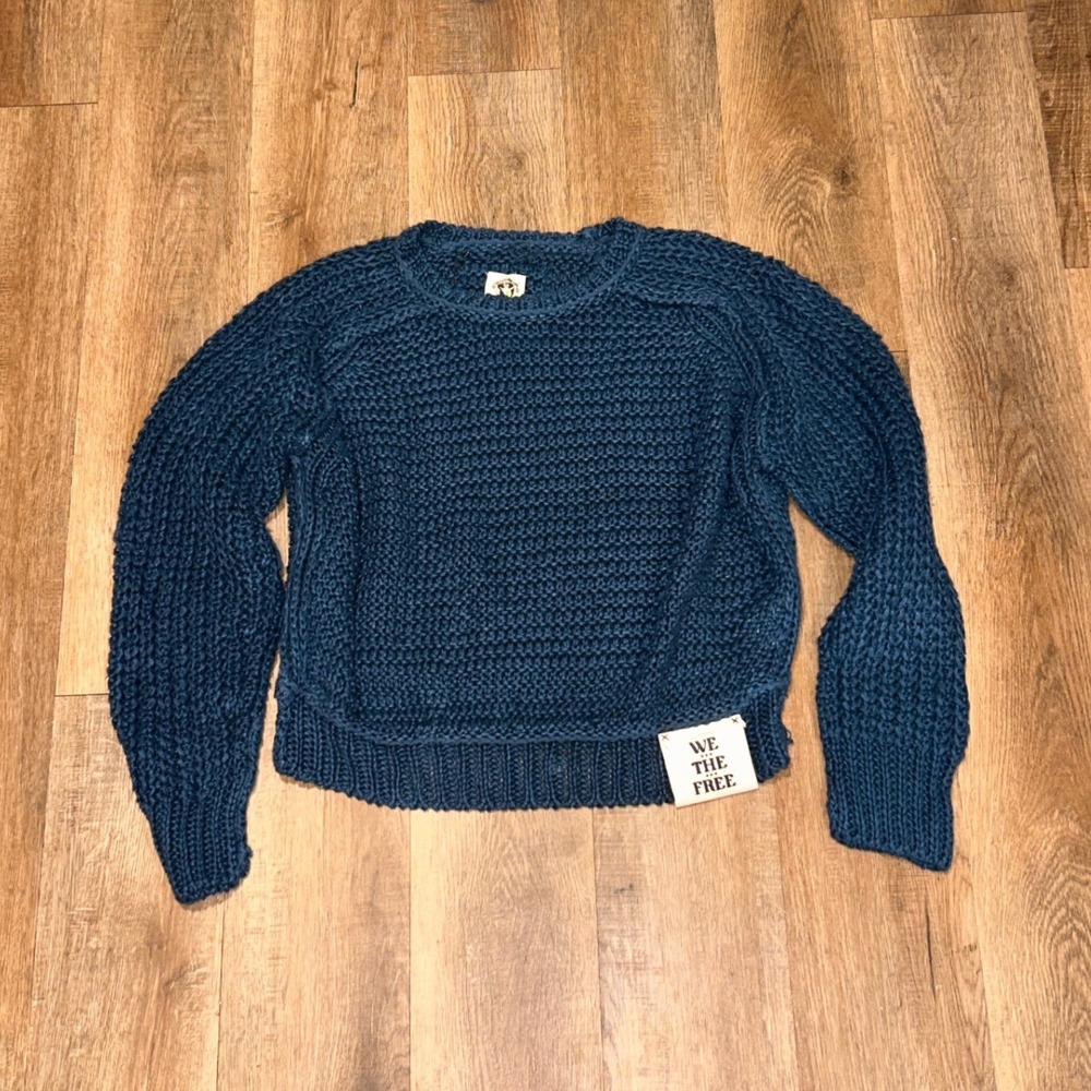 We The Free People Blue 100% Linen Chunky Knit Sweater OB1964087 Womens Small